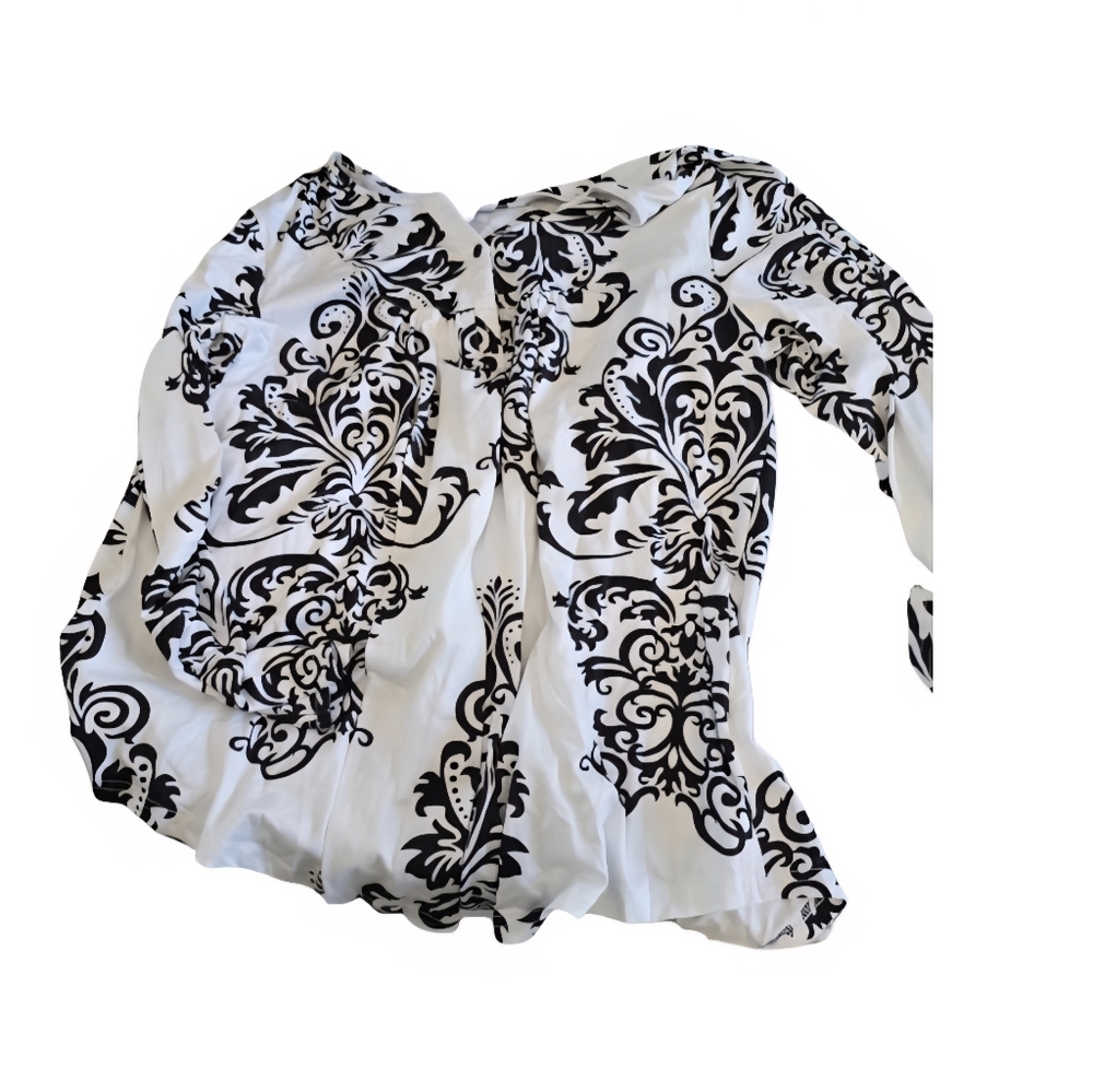NWT HALIFE Black White Damask Print Blouse Womens 2XL Long Sleeve V Neck Top